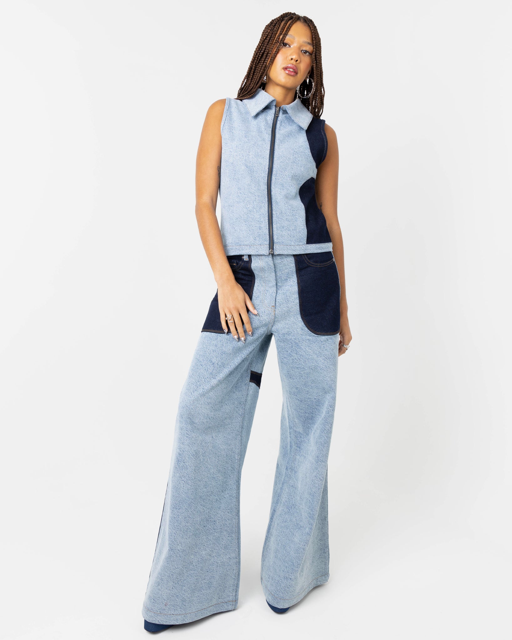 Lost & Found Co-Ord Mid Rise Wide Leg Fit Patchwork Denim Jeans In Blue